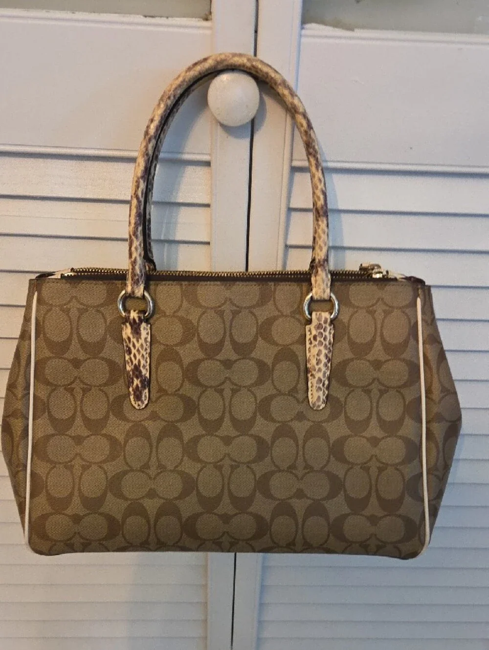 Coach Khaki Signature Satchel with Snake-Print Trim